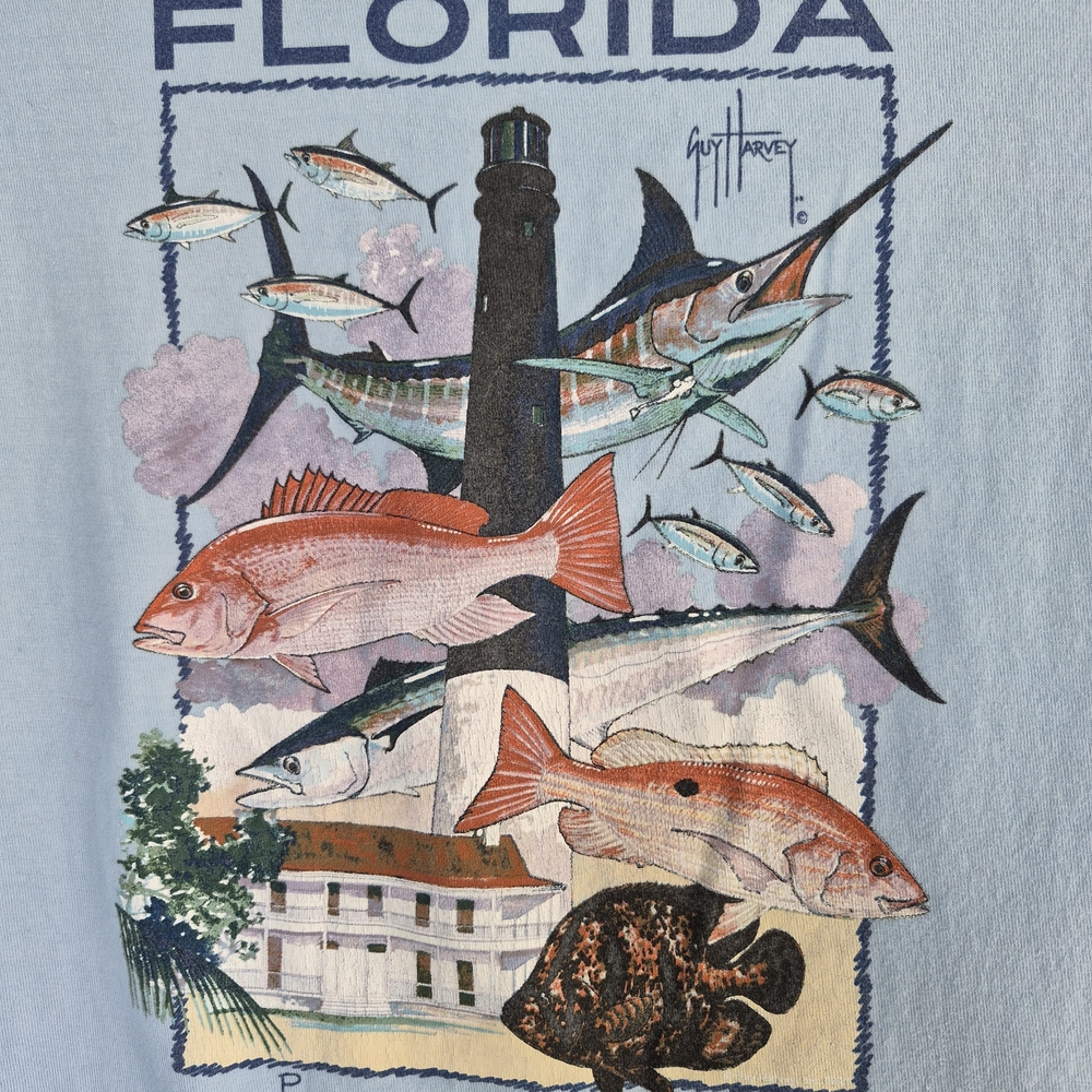 Guy Harvey Sky Blue Florida Fish Pensacola Lighthouse Graphic Tee Mens XXL - Picture 4 of 5